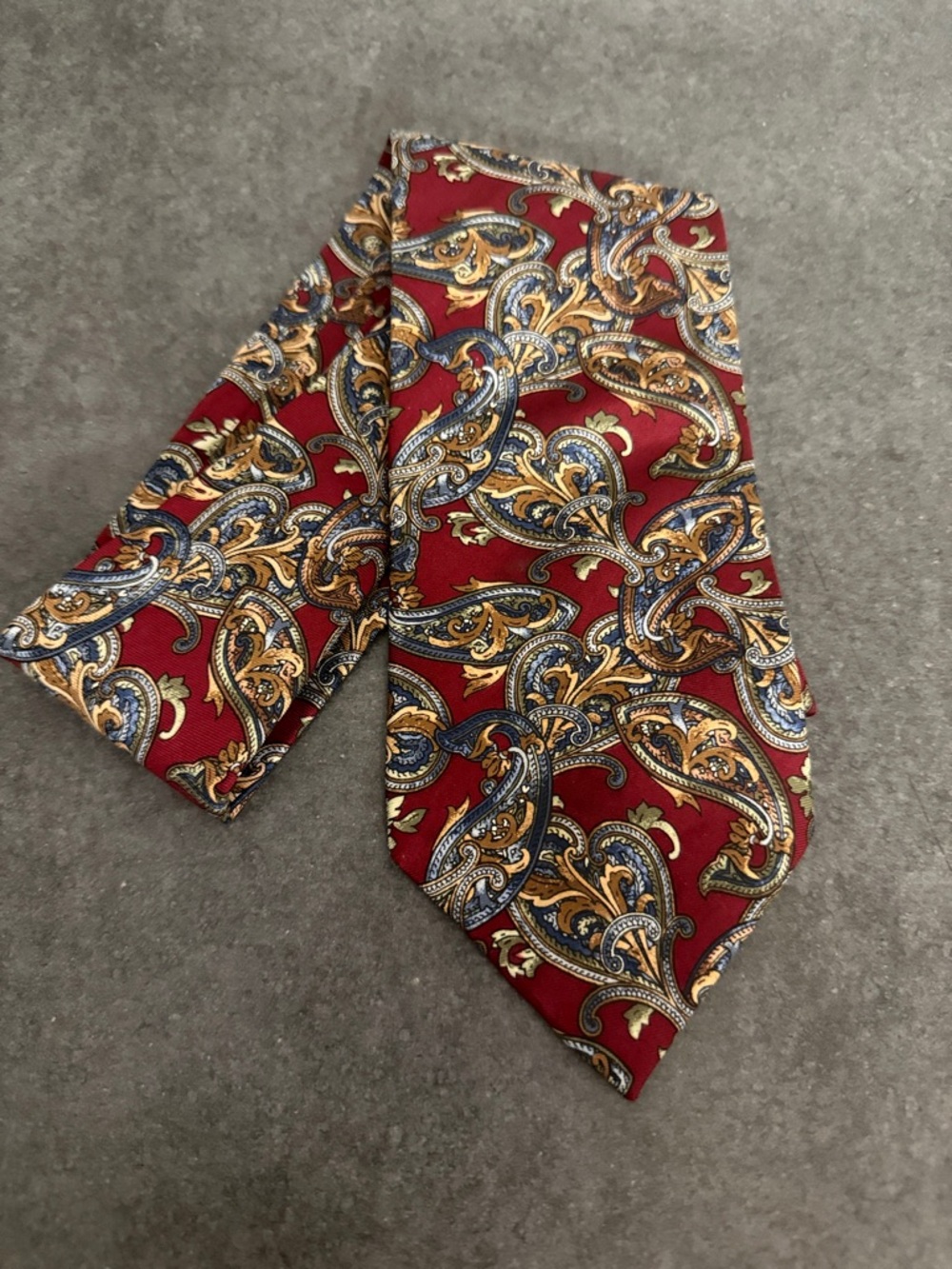Vintage Christian Dior Burgundy Paisley Silk Tie with Gold and Blue Accents